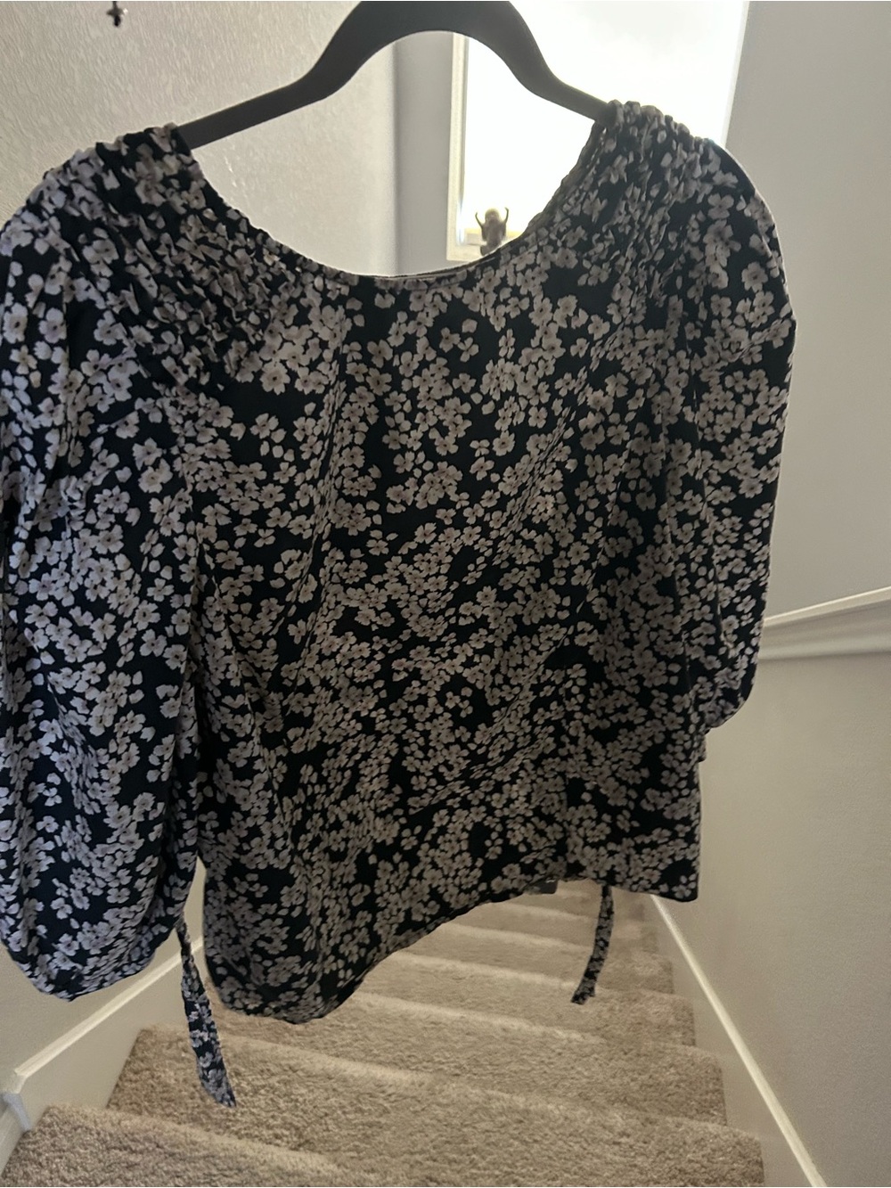 Merlette top size M tie back 3/4 sleeve ruched black floral 100% cotton poplin